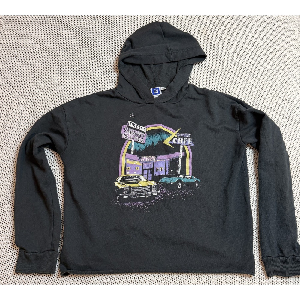 GM Licensed Neon Diner Classic Cars Black Cropped Hoodie Large Raw Hem